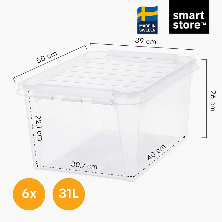 SmartStore Aufbewahrungsboxen aus Kunststoff, 32 l, mit Deckel, transparent, stapelbar und ineinande