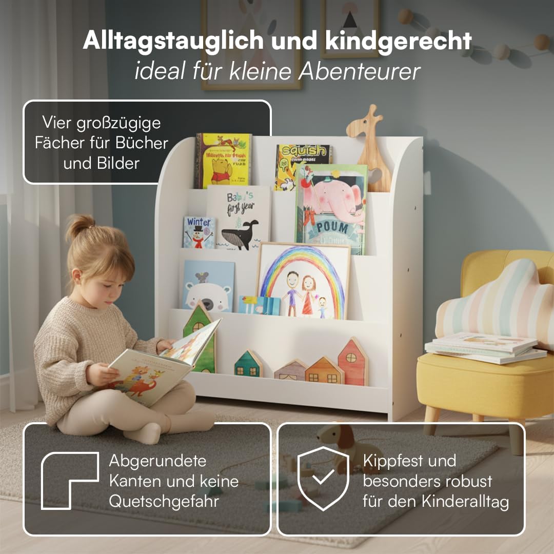 Bellabino Baru Bücherregal Kinder – Montessori Bücherregal mit 4 breiten Fächern – Kinder Bücherrega