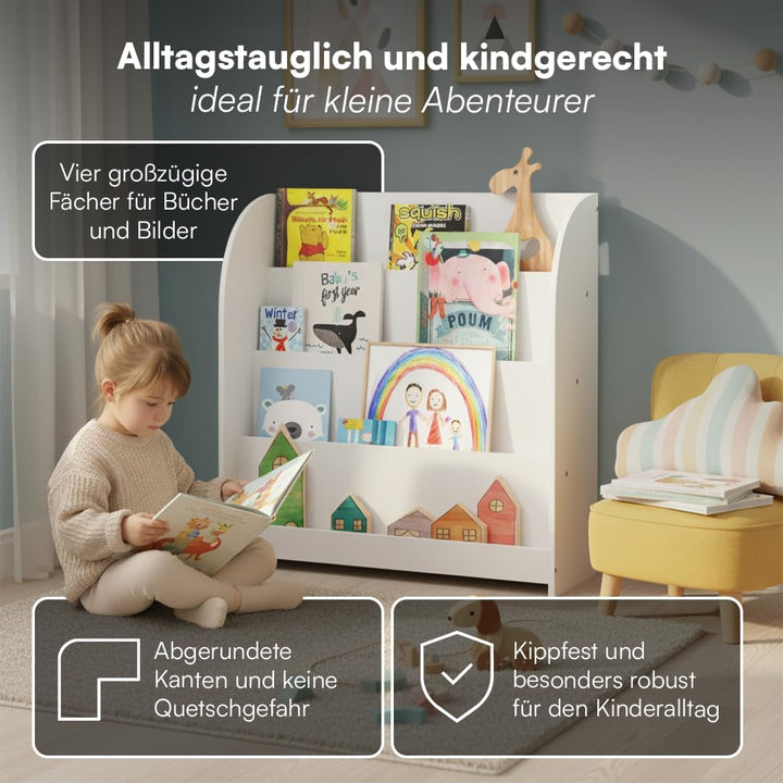 Bellabino Baru Bücherregal Kinder – Montessori Bücherregal mit 4 breiten Fächern – Kinder Bücherrega