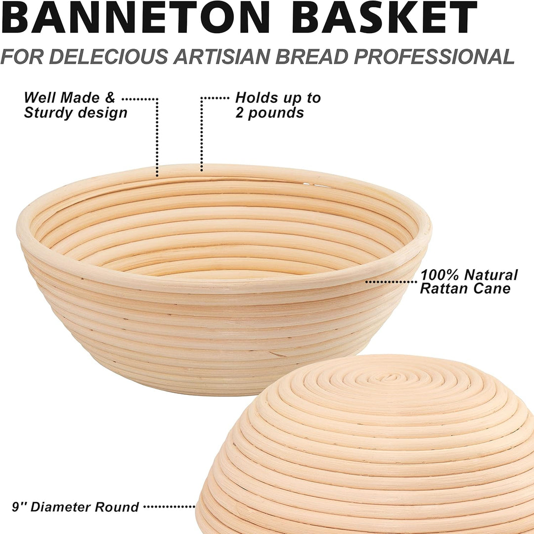 Anaeat 23 cm Brot-Banneton-Gärkorb-Set – runder Sauerteig-Gärkorb aus 100% natürlichem Rattan mit La