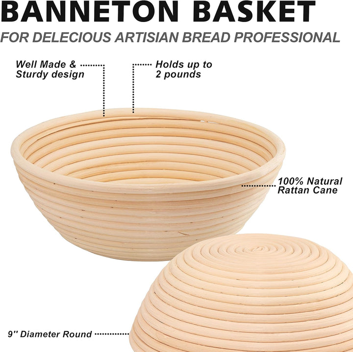 Anaeat 23 cm Brot-Banneton-Gärkorb-Set – runder Sauerteig-Gärkorb aus 100% natürlichem Rattan mit La