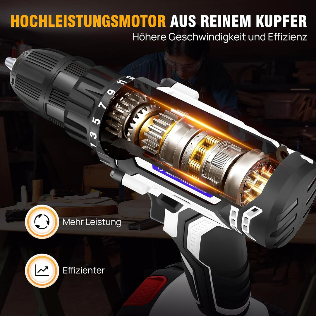 21V Akku Bohrschrauber Set,Weiss Akkuschrauber Set mit 2 * 1500mAh Akku,Akkubohrer 45Nm Drehmoment，2