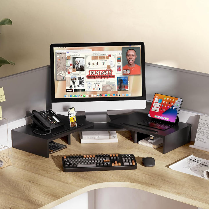 FITUEYES Dual Monitorständer Holz Drehbar Längenverstellbar mit Halteschlitz für Smartphones Tablet