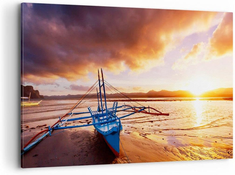 Bilder auf Leinwand 100x70cm Leinwandbild mit Rahmen Ufer Boot Strand Gross Wanddeko Bild Schlafzimm