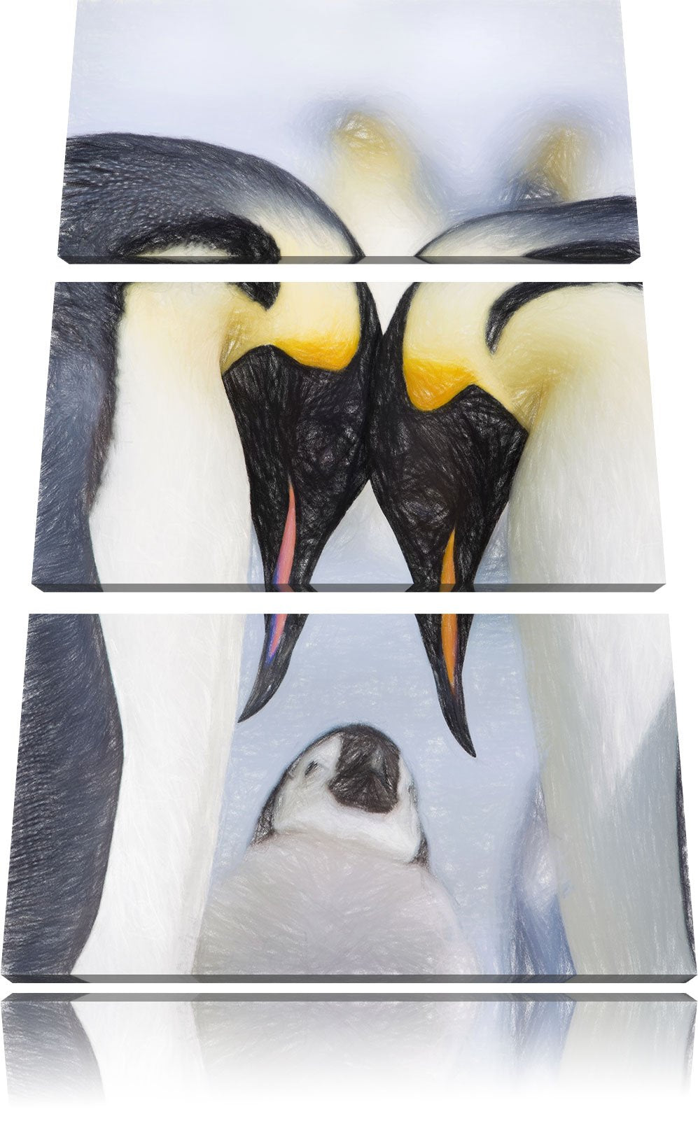 Pixxprint Kaiserpiguinpärchen Liebe Kunst Buntstift Effekt 3-Teiler Leinwandbild 120x80 Bild auf Lei