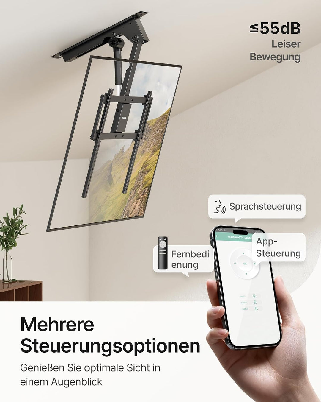 monTEK Motorisierte TV Deckenhalterung von 43-86 Zoll, hochbelastbar bis 55 kg, kompatibel mit Off-C