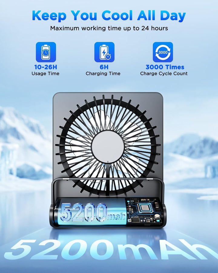 EasyAcc Batterie Mini-Ventilator Tischventilator mit 6000 mAh Akku, bis 26 Stunden Laufzeit, stufenl