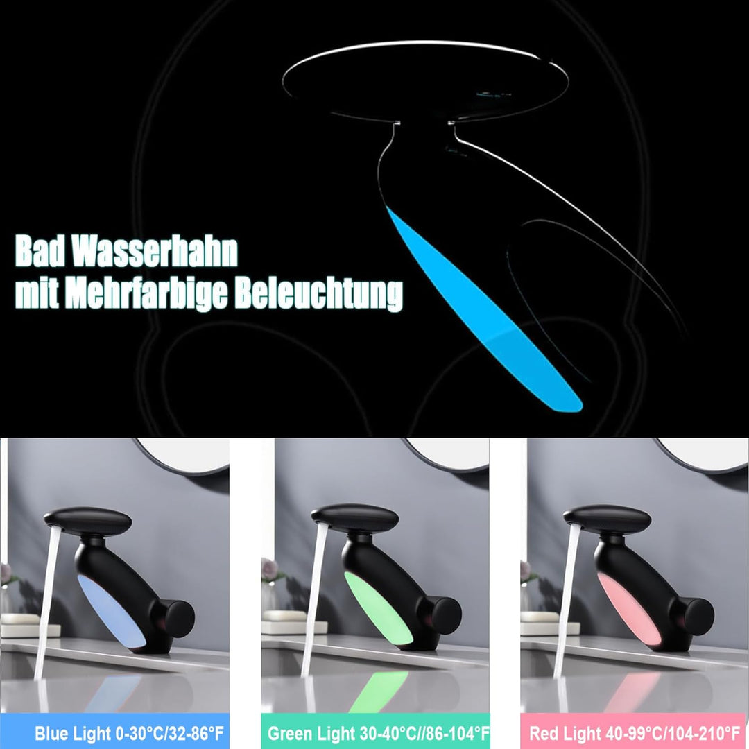 Wasserhahn Bad 4 Modus, LED Waschtischarmatur mit ausziehbarer brause, Wasserfall Mischbatterie Bad,