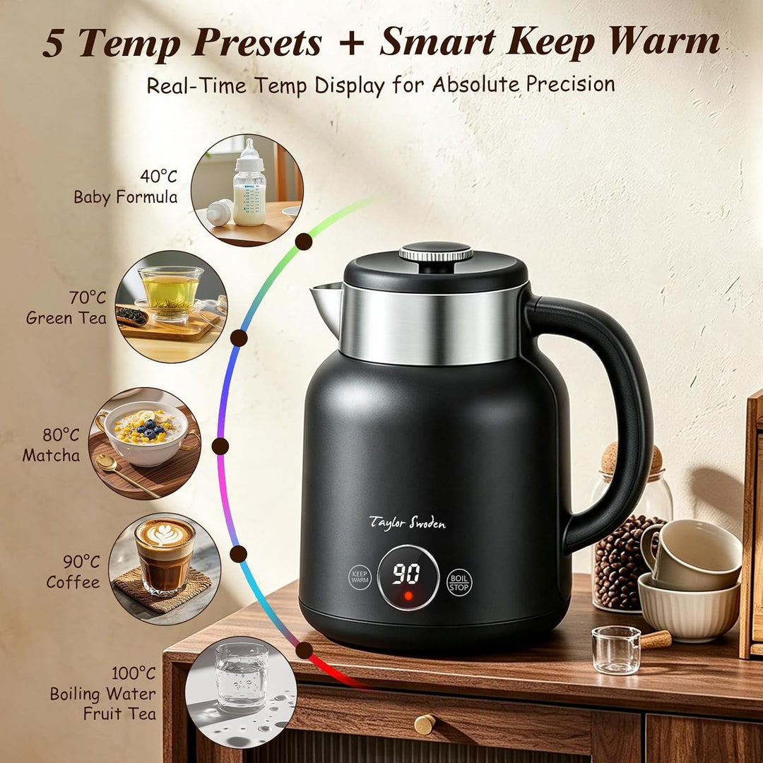 Taylor Swoden Asher - Wasserkocher Edelstahl mit Temperatureinstellung, 2200 W, 1,7 L, LED-Anzeige,