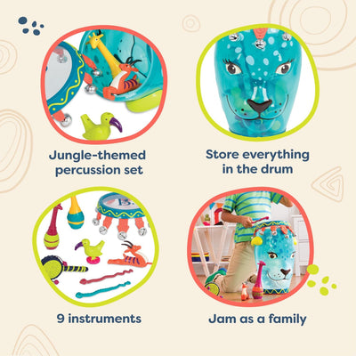 B. toys Bongo Trommel mit Trommelstöcken, Tamburin, Maracas, Percussion Set – Spielzeug Kindertromme