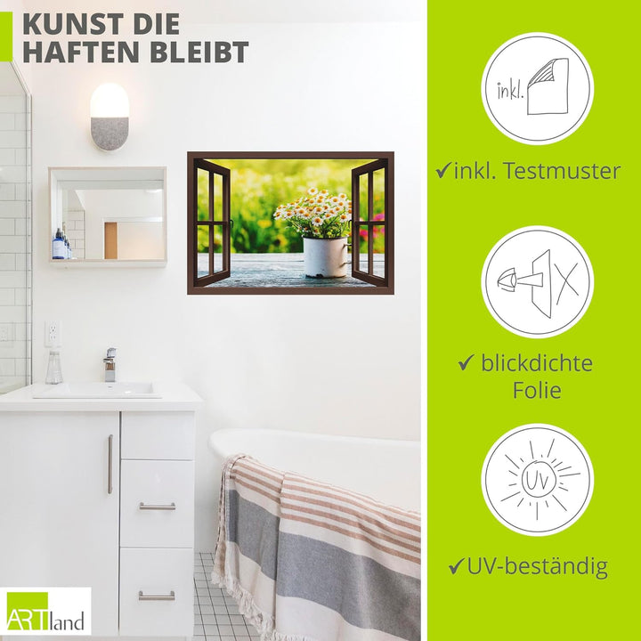 ARTland Wandbild selbstklebend Vinylfolie 100x70 cm Fensterblick Fenster Botanik Blumen Gänseblümche