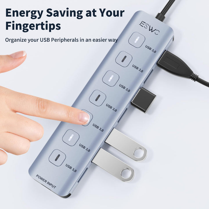 JESWO 7-Port USB 3.0 Hub mit individuellen Schaltern & LED-Anzeigen, Aluminium USB Verteiler 5Gbps,