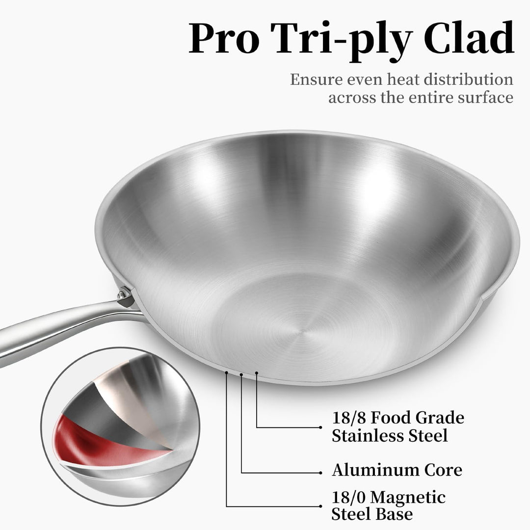 Inqibee Wokpfanne Edelstahl 28 cm mit Deckel, Unbeschichtete Wok Pfanne für Induktion &amp; Gasherd, Ede