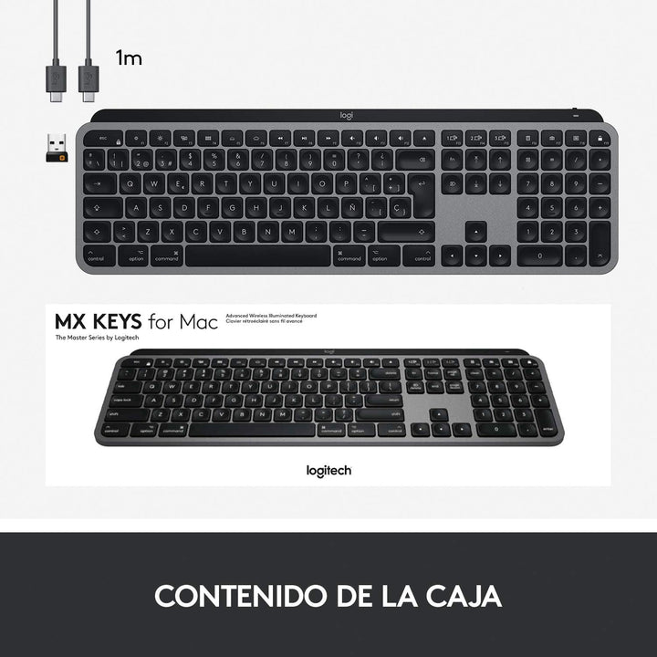 Logitech MX Keys for Mac – Fortschrittliche hintergrundbeleuchtete kabellose Tastatur, Spanisches QW