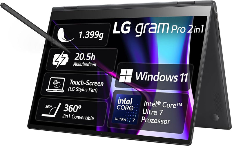 2024 LG gram Pro 16 Zoll 2in1 Notebook - 1399g Intel Core Ultra7 Laptop (16GB RAM, 1TB Dual SSD, 20,