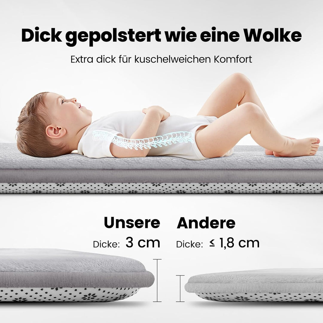 Krabbelmatte Baby 127×127cm, 3cm Dicke Schaumstoff Spielmatte, Ultraweiche Stütze und Plüschiges Gef