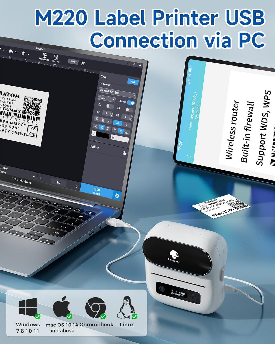 Phomemo M220 Etikettenmacher, Bluetooth-Etikettendrucker für Barcode, Adresse, Haus, Mailing, Kleinu