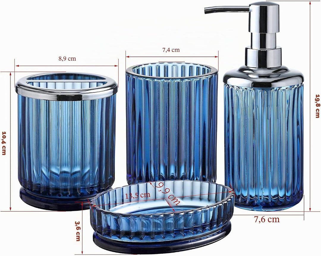 Badezimmer-Zubehör-Set aus schwerem blauem Glas mit dekorativem gepresstem Muster – inklusive Handse