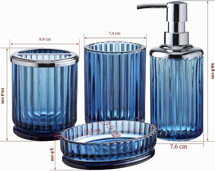 Badezimmer-Zubehör-Set aus schwerem blauem Glas mit dekorativem gepresstem Muster – inklusive Handse