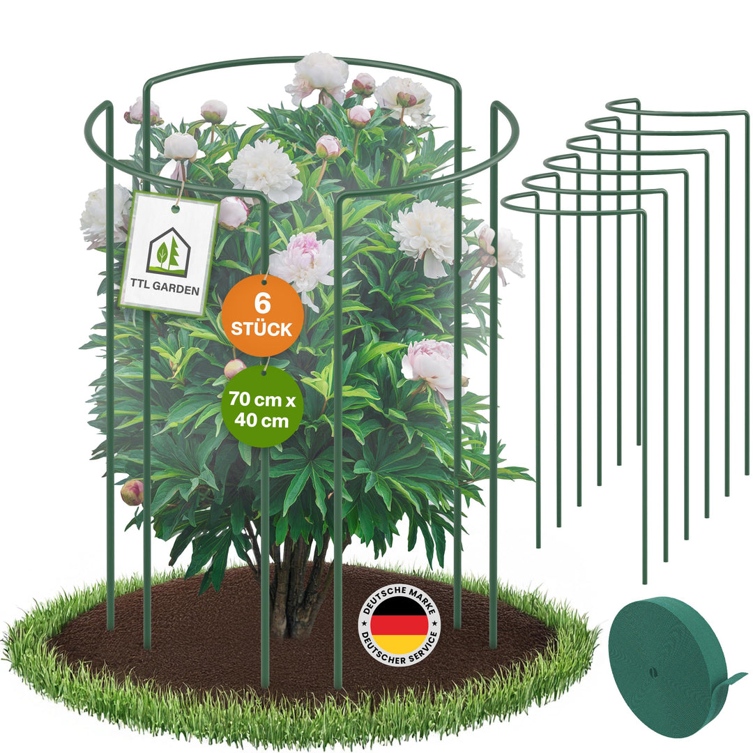 TTL GARDEN Strauchstützen 70cm x 40cm 6er Set + Klettband - Pflanzenstütze Stahl rostfrei Kunststoff