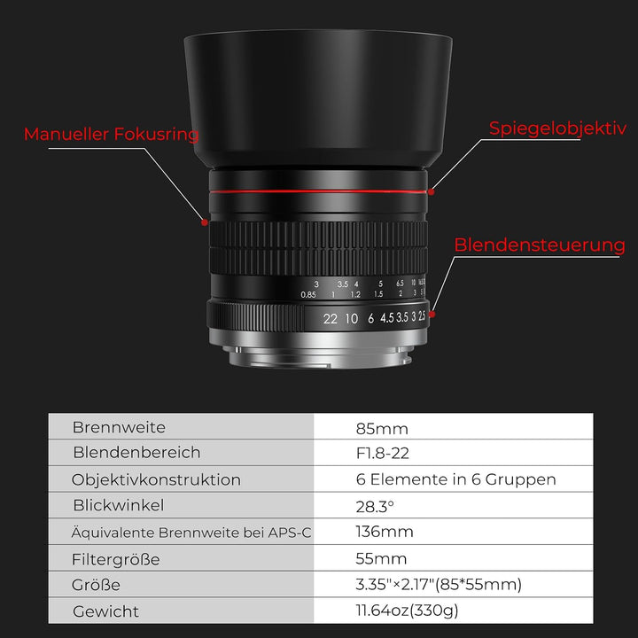 Lightdow 85mm F1.8 EF Objektiv für Canon, Portrait Objektiv Manueller Fokus für Canon EOS Rebel SL2