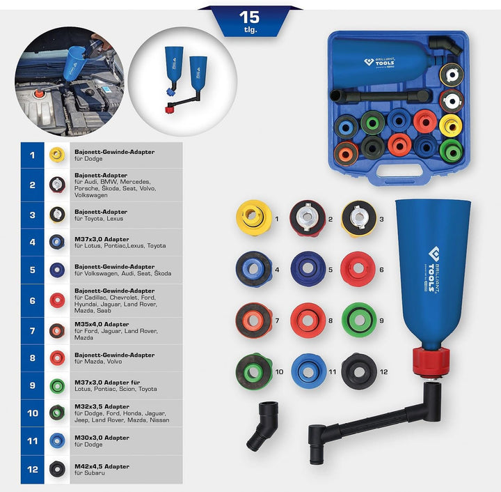 BRILLIANT TOOLS BT711110 MASTER Öl-Einfülltrichter-Satz mit drehbarem Winkelarm, 15-tlg. [Powered by