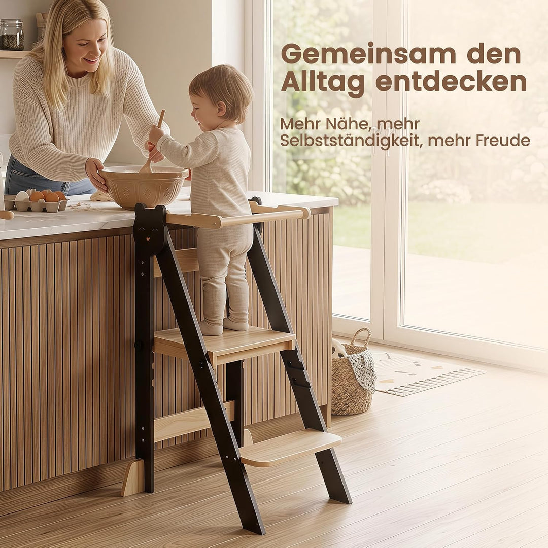 Lernturm Klappbar & 3-Fach Höhenverstellbar - Kippsicherer Learning Tower aus Kiefernholz - Mitwachs