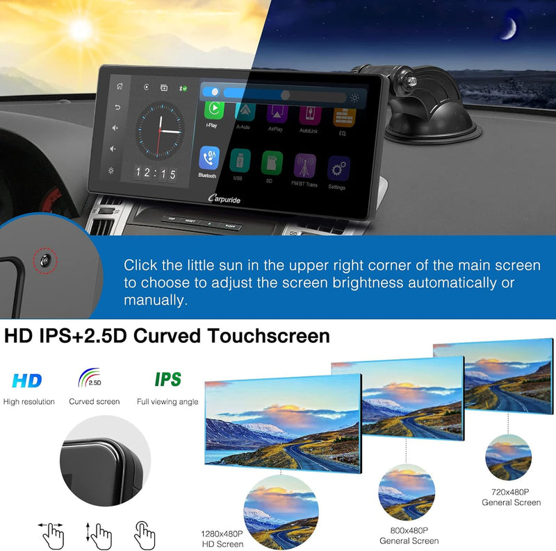 Carpuride Neuestes 10,3-Zoll-Full-HD-Touchscreen-Tragbares Drahtloses Apple Carplay Android Auto mit