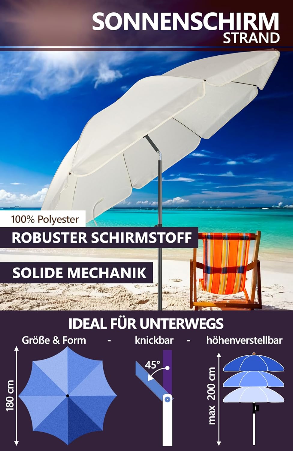 4smile Sunnyjoy Sonnenschirm Strand 3-IN-1 Set - Strandschirm windfest stabil, UPF 50+ Sonnenschirm