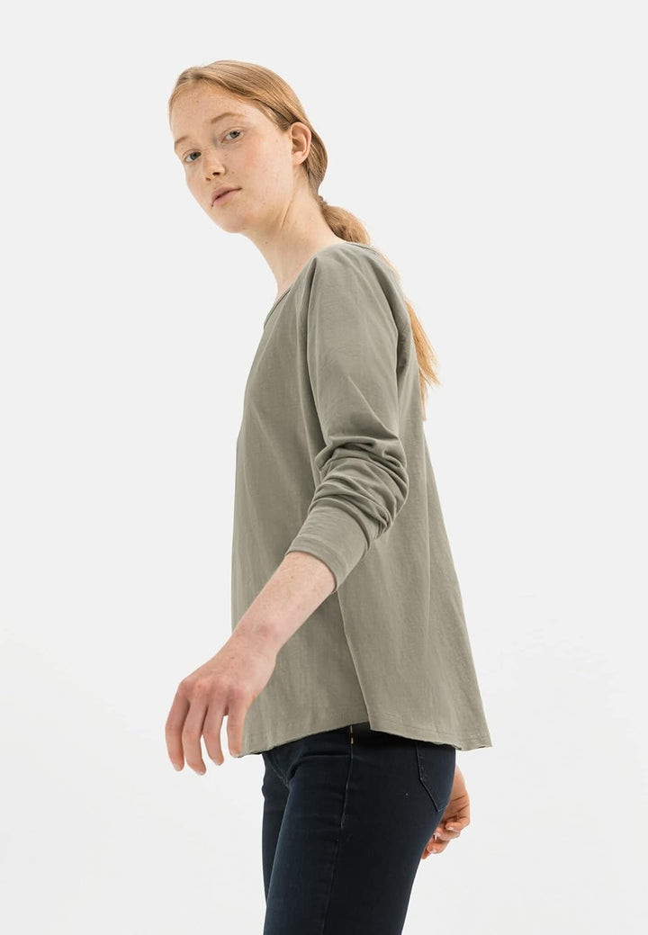 camel active Damen Basic Langarm T-Shirt mit Rundhalsausschnitt aus Reiner Baumwolle, XS Khaki