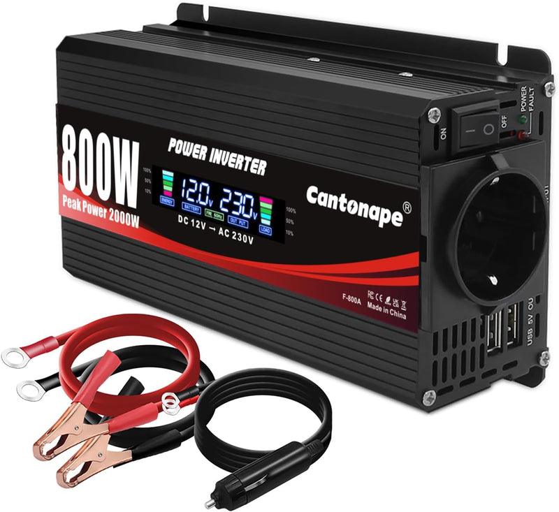 Cantonape 800W Auto Spannungswandler Wechselrichter DC 12V auf 220-230V Power Inverter LCD + 2 USB A