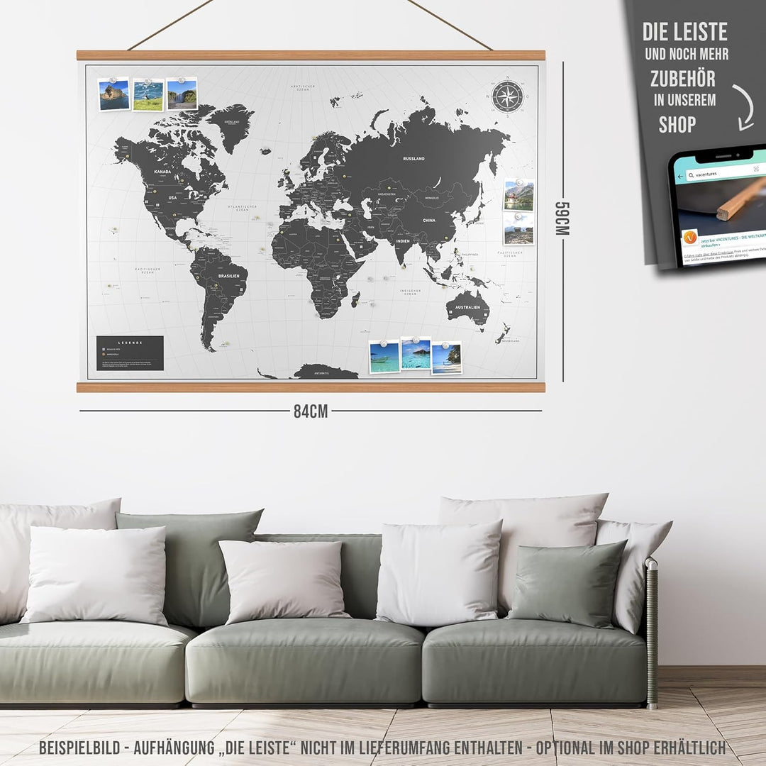 Vacentures Magnetische Pinnwand Weltkarte White inkl. 2 x 15 magnetische Pins I Markiere Deine Reise