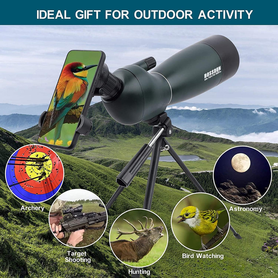 25-75x70 Spektive mit Stativ, Zoom Wasserdichtes BAK4 Prisma-Monokular-Teleskop für Vogelbeobachtung