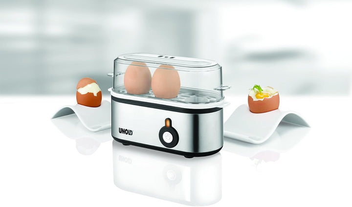 UNOLD 38610 Eierkocher Mini, Edelstahgehäuse, Eiereinsatz mit Griff für 1 bis 3 Eier, Signalton, Bet