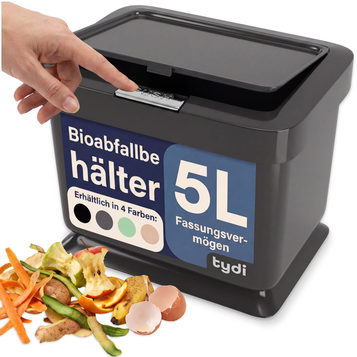 Tydi 4,5L Küchen-Biomüllbehälter mit Druckknopfdeckel - Komposteimer für die Küche - Rutschfester Bo
