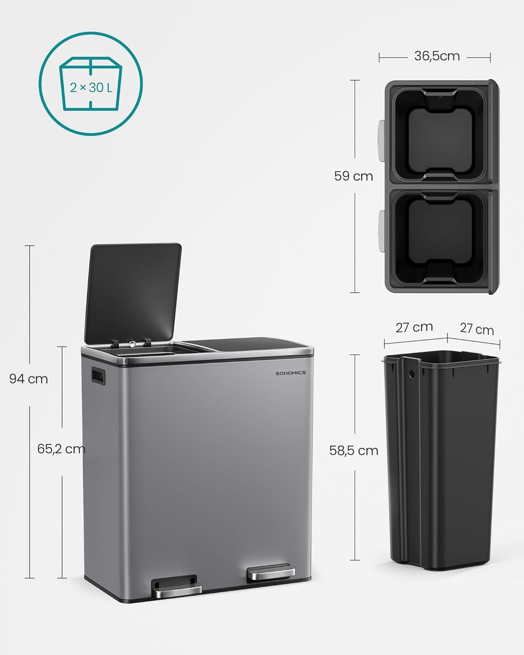 SONGMICS Mülleimer, 2 x 30 Liter, 2 Fächer, Mülltrennsystem, Treteimer, Abfalleimer Küche, 15 Müllsä