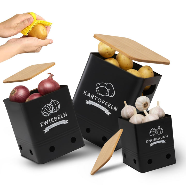 AH® klein Kartoffel Aufbewahrungsbox inkl. Gemüsebürste [3er Set] - Hält Gemüse Länger Frisch - Idea