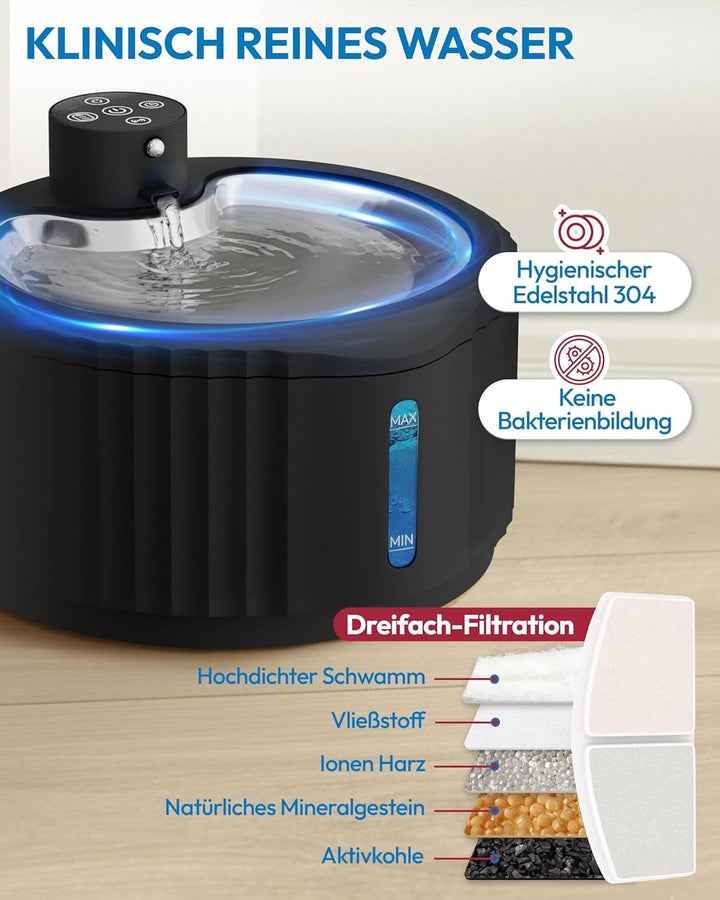 Miaura® Katzenbrunnen kabellos und super leise - Trinkbrunnen für Katze 2.8L Kapazität - Katzen Trin
