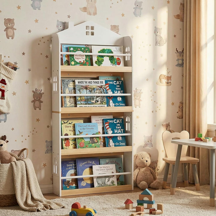 COSTWAY Bücherregal Kinder in Hausform, Kinderregal mit 4 Ablagen & Metallstangen, Wandregal schmal,