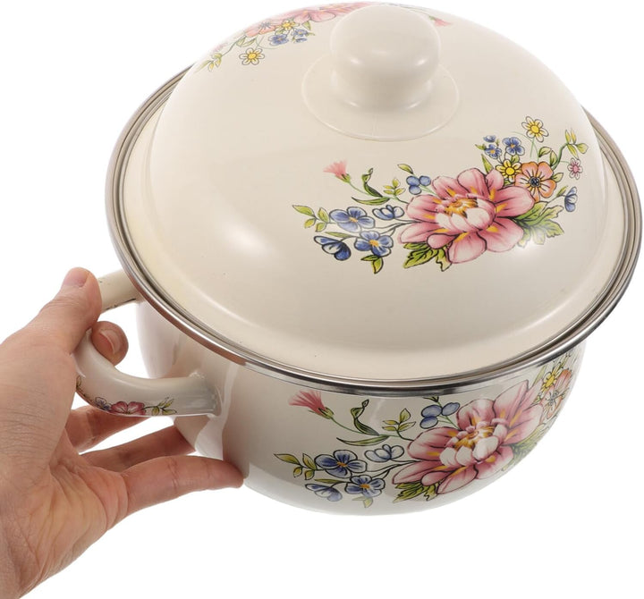 ULTECHNOVO Emaille Suppentopf 2 Liter mit Deckel 18cm Vintage Blumentopf aus Emaille Kleiner Kochtop