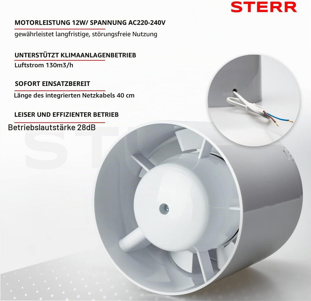 STERR IDM100S Schlanker Rohrventilator 100 mm - Rohrlüfter - Hohe Qualität - Leise - Für Bad WC - Kü
