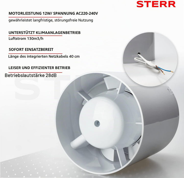 STERR IDM100S Schlanker Rohrventilator 100 mm - Rohrlüfter - Hohe Qualität - Leise - Für Bad WC - Kü