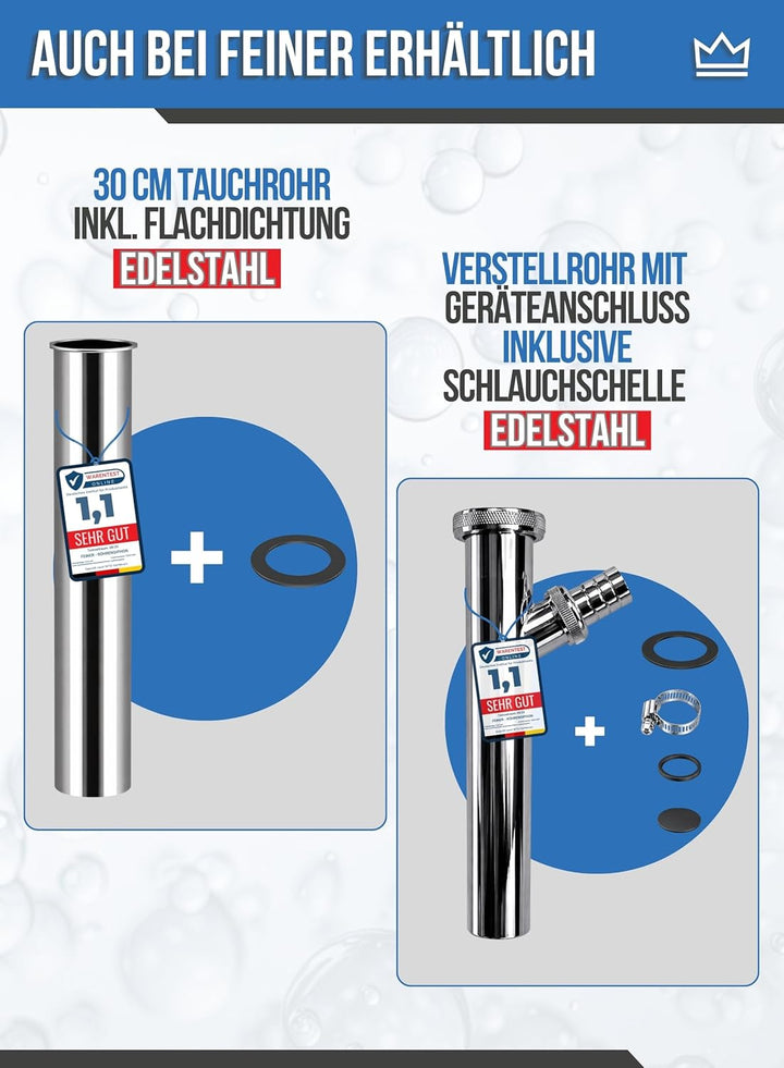 FEINER® Edelstahl Siphon-Wandrohr 90°Bogen, Extra Lang – 1 1/4 Zoll (⌀ 32 mm) x 300 mm, universell p