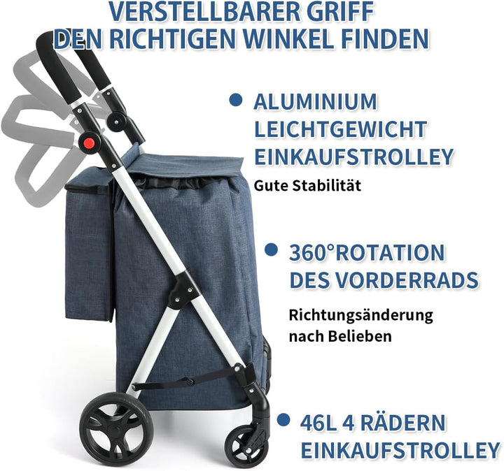 Einkaufstrolley, 46L Trolly Einkaufswagen Klappbar, 4 Rädern Aluminium Leichtgewicht Einkaufstrolley
