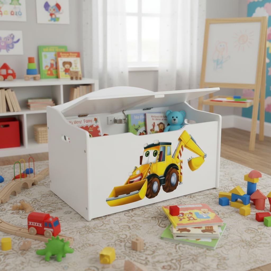 Leomark Kinderbank Hölzerne Bagger XL Kindertruhenbank Behälter für Spielzeug Truhe für Kinderzimmer