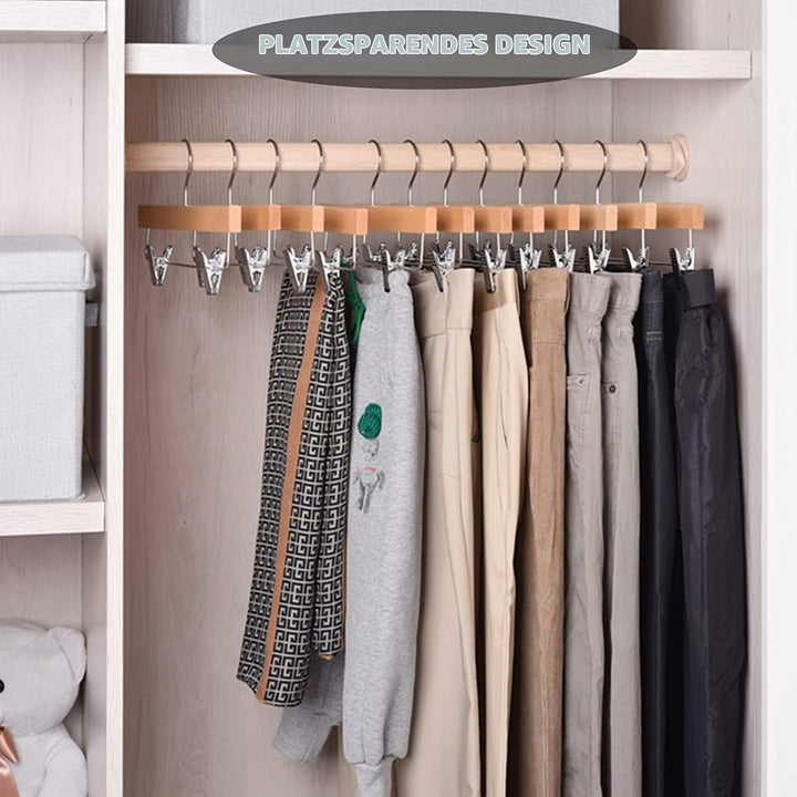 Amber Home 10 Stück 35,5cm Kleiderbügel aus Holz für Hose, Natürliche | Verstellbare Rutschfest Clip