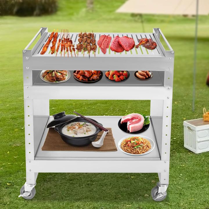 Edelstahl Grilltisch, Outdoor Grillwagen mit 3 Etagen, Grill Beistelltisch Outdoor, Grilltisch Rollw