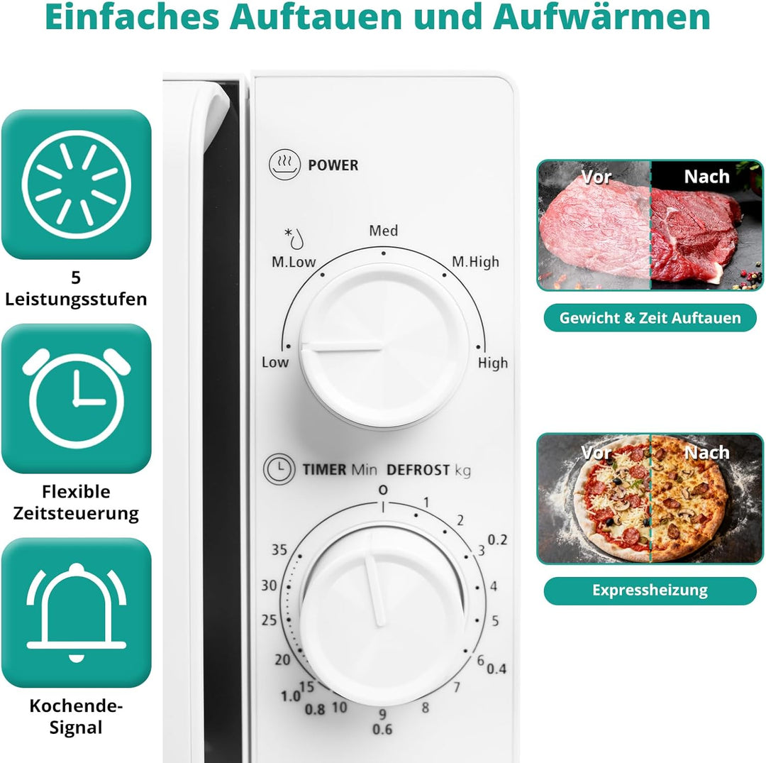 SMETA Mikrowelle 20L, 700W, Mikrowelle Klein, 5 Leistungsstufen, Auftaufunktion nach Zeit und Gewich