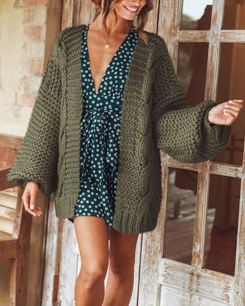 Cicy Bell Damen Strickjacken Cardigan Lose Laternenärmel Elegante Übergrosse Pullover S Armeegrün, S