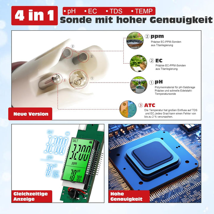 Digitales pH Messgerät für Wasser, TDS Tester für Trinkwasser, 4-in-1 pH TDS und EC Messgerät für Hy